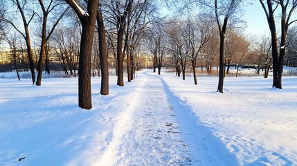 Obraz premium Snowy Forest Path with Frost-Covered Trees in a Serene Winter Wonderland