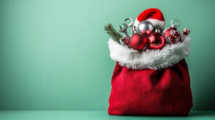 Red Santa Bag Filled with Christmas Ornaments and Wrenches
