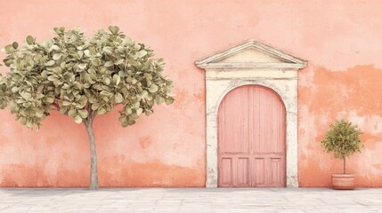 A serene scene featuring a pink wall, an arched door, and trees.