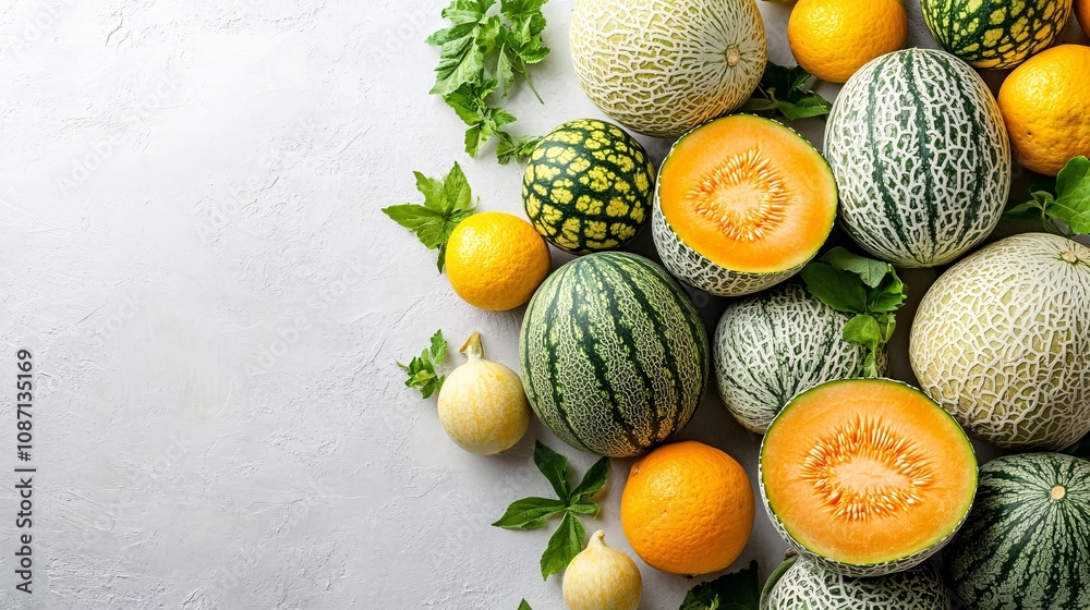 Poster Isolated on white background a minimalist presentation of fresh green and yellow melons with one halved showing the seeded interior with side empty space for text Stockphoto style