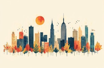Obraz premium Minimalist City Skyline Doodle, hand-drawn vector illustration in simple lines and shapes on a beige background, capturing urban essence with charm