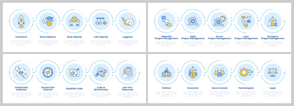 Business product analytics infographics set. Technology adoption, marketing. Flow charts infocharts with steps. Editable vector info graphics icons collection. Montserrat-SemiBold, Regular fonts used