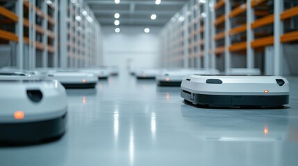 A fleet of sleek white robots swiftly navigates a spacious, modern warehouse, exemplifying precision and advanced technology.