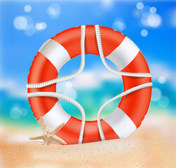 Lifebuoy and starfish on sand background. Summer on the beach, coast with realistic objects. Vector illustration.