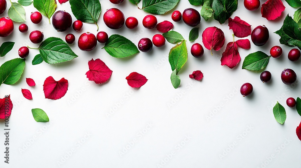 Poster Isolated on white background a rustic arrangement of fresh cranberries with leaves scattered evenly with side empty space for text Stockphoto style