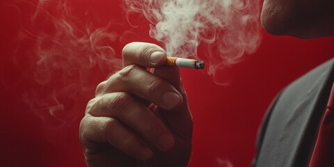 Fototapeta premium Elegant cigarette in a suited hand, vibrant smoke swirling against a rich red backdrop, highlighting sophistication and allure.