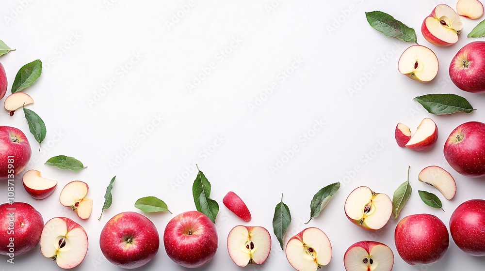 Poster Isolated on white background a crisp arrangement of red gala apples some sliced and arranged neatly with side empty space for text Stockphoto style
