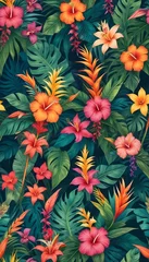 Fotobehang Tropical exotic pattern with animal and flowers in bright colors and lush vegetation © Meditelle