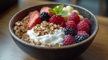 Vibrant breakfast bowl featuring creamy yogurt, fresh fruits, and hearty grains arranged on a rustic wooden table