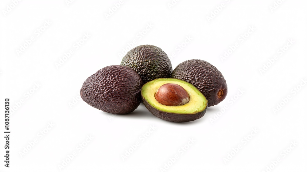 Poster isolated on white background a halved avocado showcasing its creamy interior and seed next to a whol