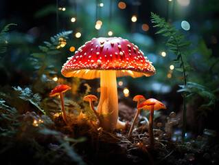Fototapeta premium Outstanding fly agaric mushroom in the forest glowing