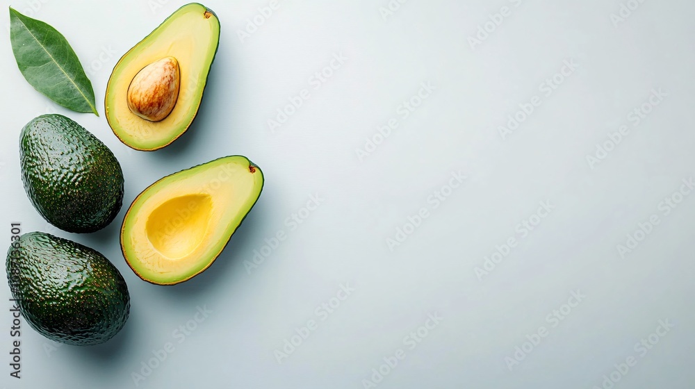 Poster isolated on white background a halved avocado showcasing its creamy interior and seed next to a whol