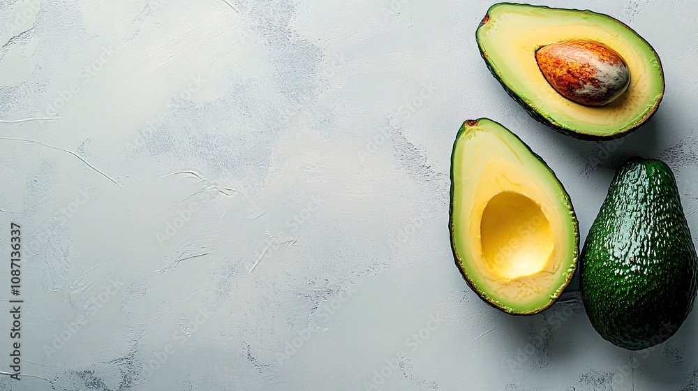 Poster isolated on white background a halved avocado showcasing its creamy interior and seed next to a whol