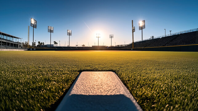 View of an empty baseball stadium field at sunrise or sunset with illuminated floodlights, focusing on the lush green grass and base path under a clear blue sky.