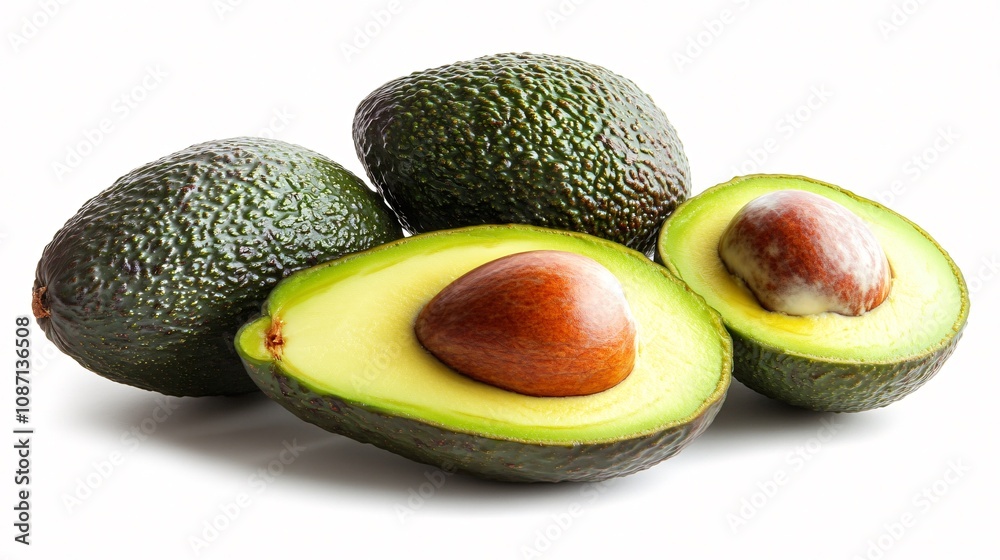 Poster isolated on white background a halved avocado showcasing its creamy interior and seed next to a whol