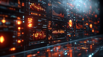 Obraz premium Futuristic data interface with glowing panels and visualizations.