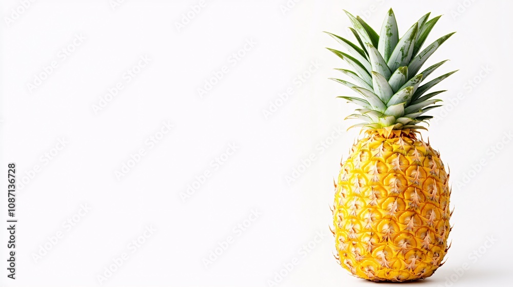 Poster Isolated on white background a single fresh pineapple standing upright with its spiky leaves reaching tall with side empty space for text Stockphoto style