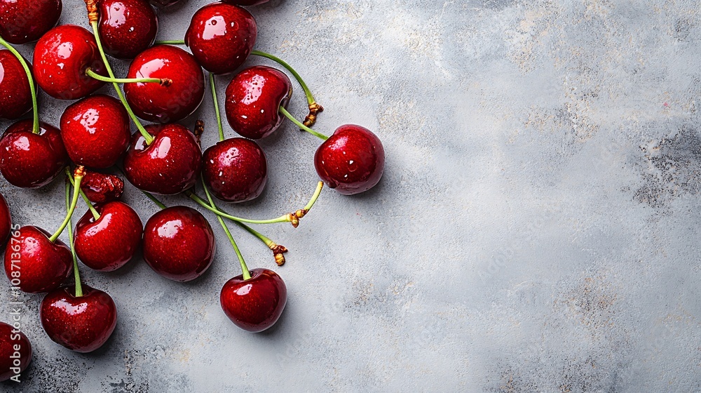 Poster Isolated on white background a grouping of freshly picked cherries with their vibrant red skins and long green stems with side empty space for text Stockphoto style