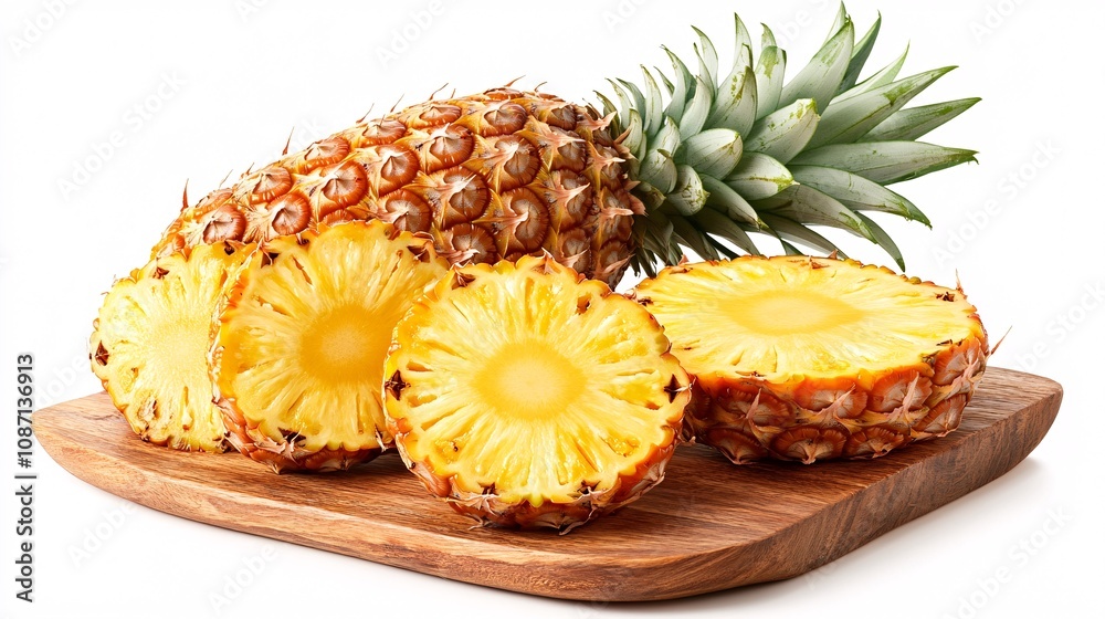 Poster Isolated on white background a single fresh pineapple standing upright with its spiky leaves reaching tall with side empty space for text Stockphoto style