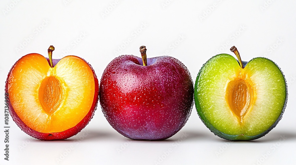 Poster isolated on white background a trio of halved and whole red and green plums with their juicy golden 