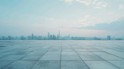 Fototapeta premium Empty square floor with city skyline background, Urban symphony in blue, dynamic cityscape vista