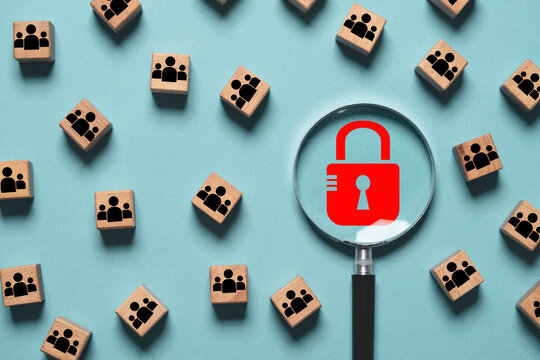 Red master key inside of magnifier glass among people icon for cyber security and pdpa personal data protection act concept.