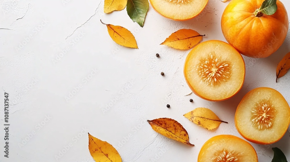 Poster isolated on white background a bright orange persimmon some sliced to reveal their vibrant flesh wit