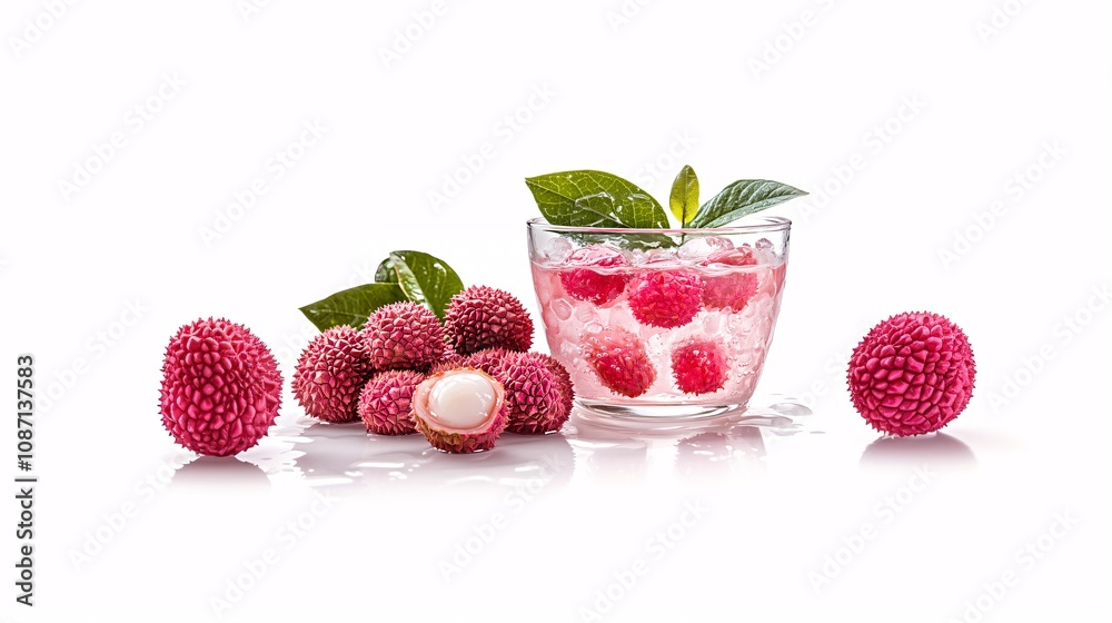 Poster isolated on white background a perfect arrangement of juicy pink lychee fruit with some peeled to re