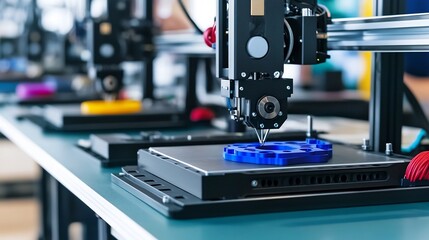 Fototapeta premium Modern Factory Floor with 3D Printers Creating Industrial Parts and Workers Monitoring the Process