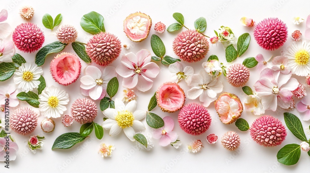 Poster isolated on white background a perfect arrangement of juicy pink lychee fruit with some peeled to re