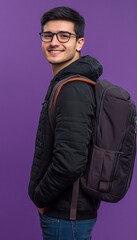 Fototapeta premium generate a modern young man nerd who works in the marketing area in the center smiling,straight hair black, side pose, generative ai