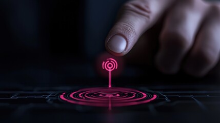 A hand is pointing at a red dot on a black background