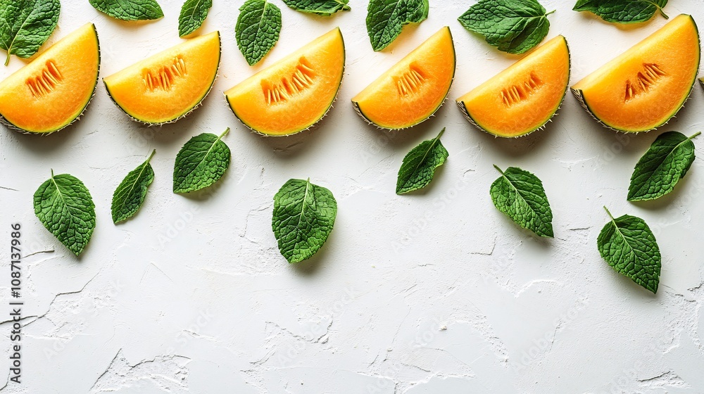 Aufkleber isolated on white background a minimalist display of fresh yellow cantaloupe slices paired with gree
