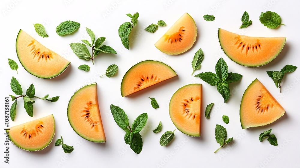 Poster Isolated on white background a minimalist display of fresh yellow cantaloupe slices paired with green mint leaves with side empty space for text Stockphoto style