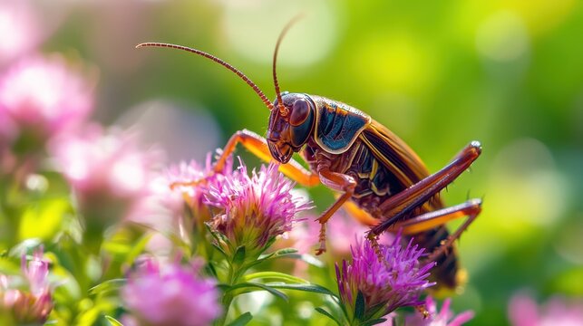 Close-Up of Field Cricket with Wild Grass Flowers.