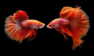 Beautiful movement of Fullmoon betta fish, Two Fancy Fullmoon Betta, The moving moment beautiful of Siamese Fighting fish, Betta splendens, Rhythmic of Betta fish isolated on black background