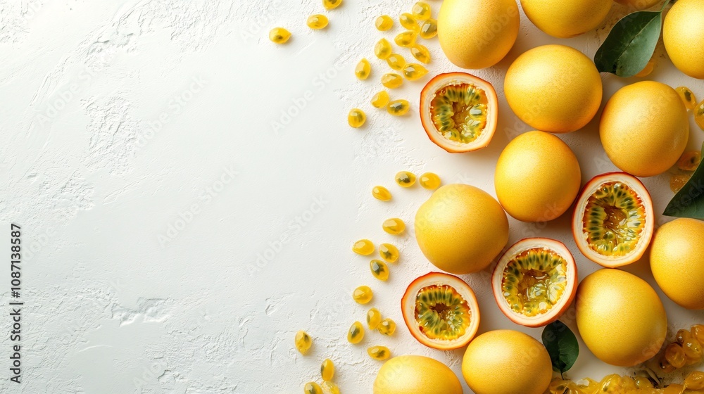 Poster isolated on white background a cluster of golden yellow passion fruits some cut open to reveal their