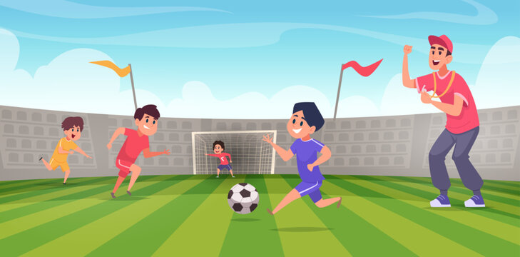 Physical education. Sport trenner with little kids activities in school exact vector cartoon background