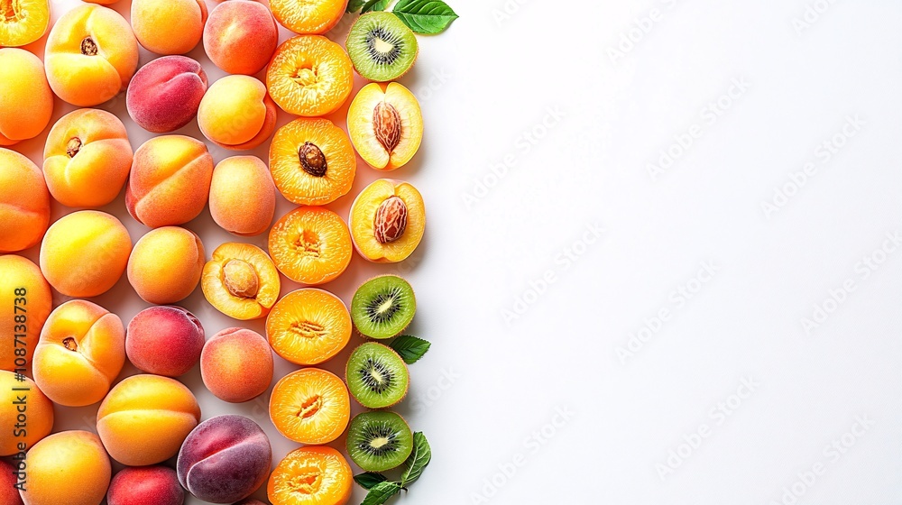 Poster Isolated on white background a variety of fresh stone fruits including apricots nectarines and peaches arranged in a colorful composition with side empty space for text Stockphoto style