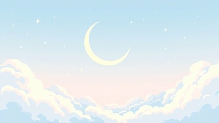 Obraz premium Crescent Moon in Pastel Sky with Soft Clouds and Stars, Dreamy Night Scene, Illustration pc, laptop wallpaper