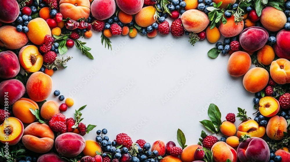 Poster isolated on white background a variety of fresh stone fruits including apricots nectarines and peach