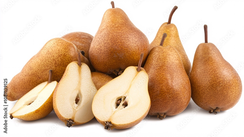 Poster Isolated on white background a delicate arrangement of whole and sliced pears with their smooth skins and juicy flesh visible with side empty space for text Stockphoto style
