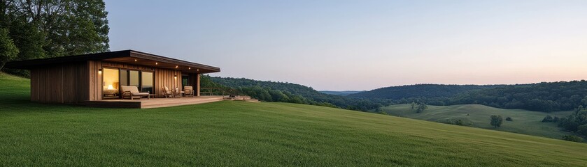Fototapeta premium Modern house on a hillside, surrounded by lush greenery at sunset, offering serene landscape views.