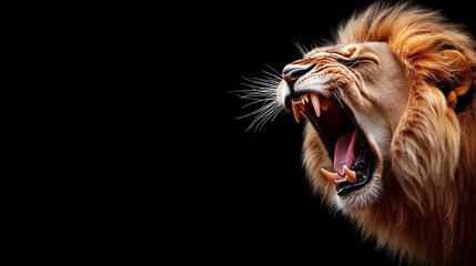 A close up of a roaring lion on a black background