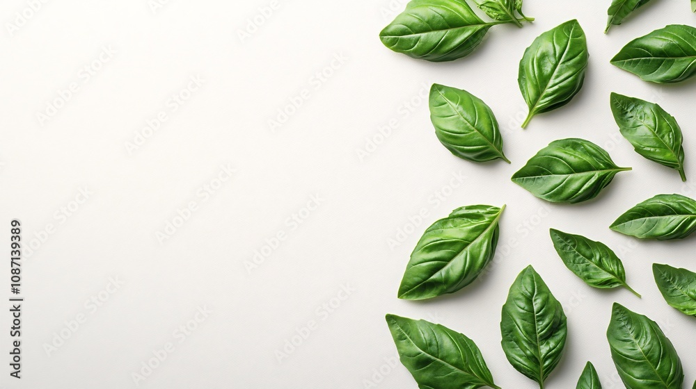 Fototapete Isolated on white background fresh basil leaves arranged in a fan-like pattern with vibrant green color and side empty space for text Stockphoto style