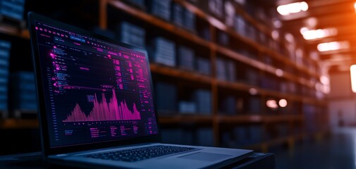 Laptop displaying data analysis in warehouse
