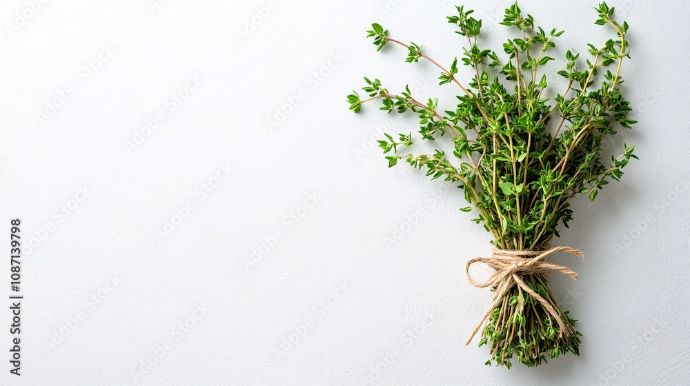 Poster isolated on white background bundle of thyme with delicate green sprigs tied with natural twine and 