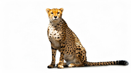 Cheetah sitting isolated on white background.