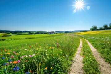 Dirt Path Winds Through Wildflowers in Green Meadow Under Blue Sky and Bright Sun.