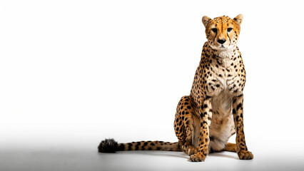 Cheetah in a sitting pose on a white background.